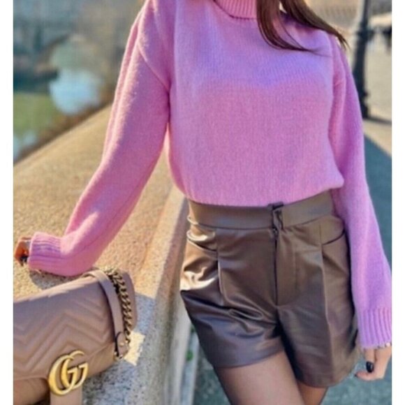 Zara Sz L Brown Faux Leather High Rise Shorts Vegan Stretch Pockets NWT NEW - Picture 13 of 16